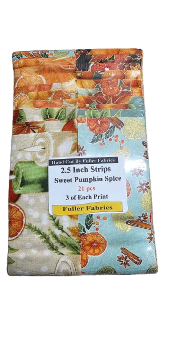 2.5 Inch Jelly Roll Strips Sweet Pumpkin Spice w/Metallic Prints 21 pcs - Hand Cut