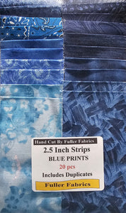 2.5 Inch Jelly Roll Strips Assorted Blue Prints 20 pcs - Hand Cut