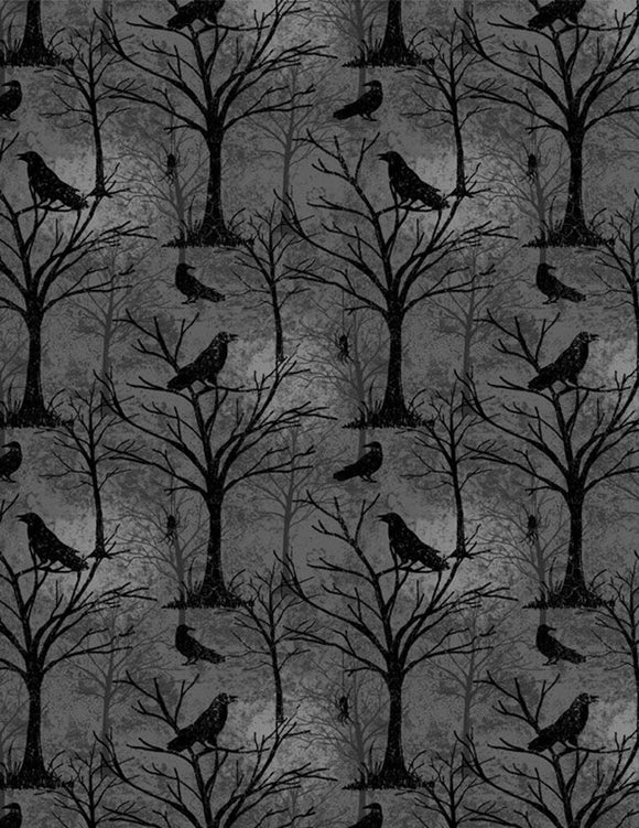 Moonlit Manor Trees & Critters All Over Black Yardage