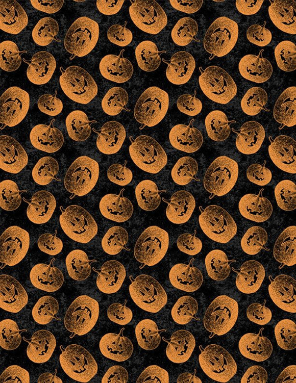 Tossed Jack o’ Lanterns Black/Orange Yardage