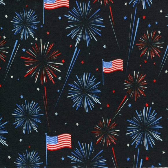 Fireworks and Flags on Navy Background