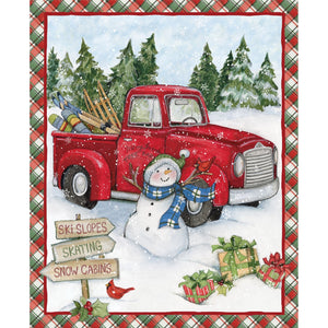 Christmas Cotton Red Truck Ski Snowmen Panel -  36"x44"